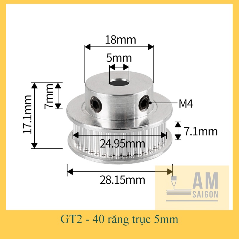 Pulley GT2 , Pully GT2 bảng 6,10mm - 20,36,40,48,60 răng - trục 5, 6.35, 8, 10mm