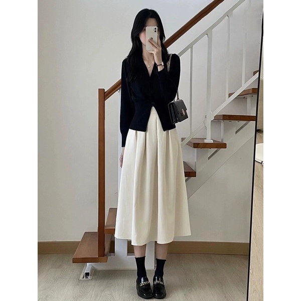 Set Áo Len Tăm Bo Dày Dặn Phối Chân Váy Kem