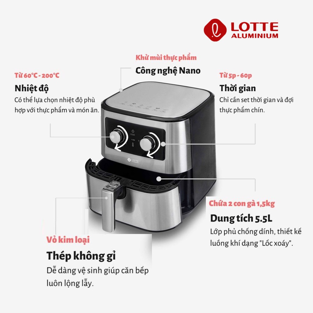 [BH 1 năm] Nồi chiên không dầu LOTTE 5,5L model LTS - AF5SM - Hàng chính hãng nhập khẩu Hàn Quốc