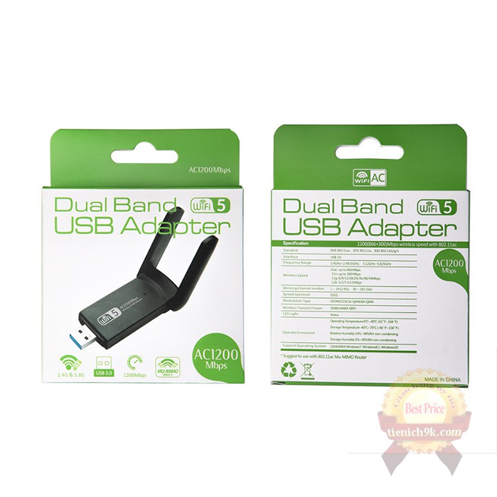 USB Thu Phát Wifi 1200mbps tốc độ cao 2 râu Laptop PC 2.4 / 5g Usb 3.0 RTL8812BU