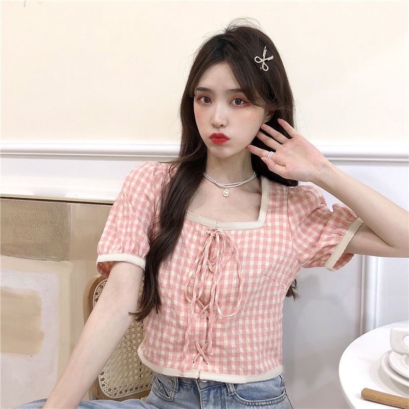 Áo Croptop cổ vuông tay ngắn phong cách Hàn Quốc mã QD097