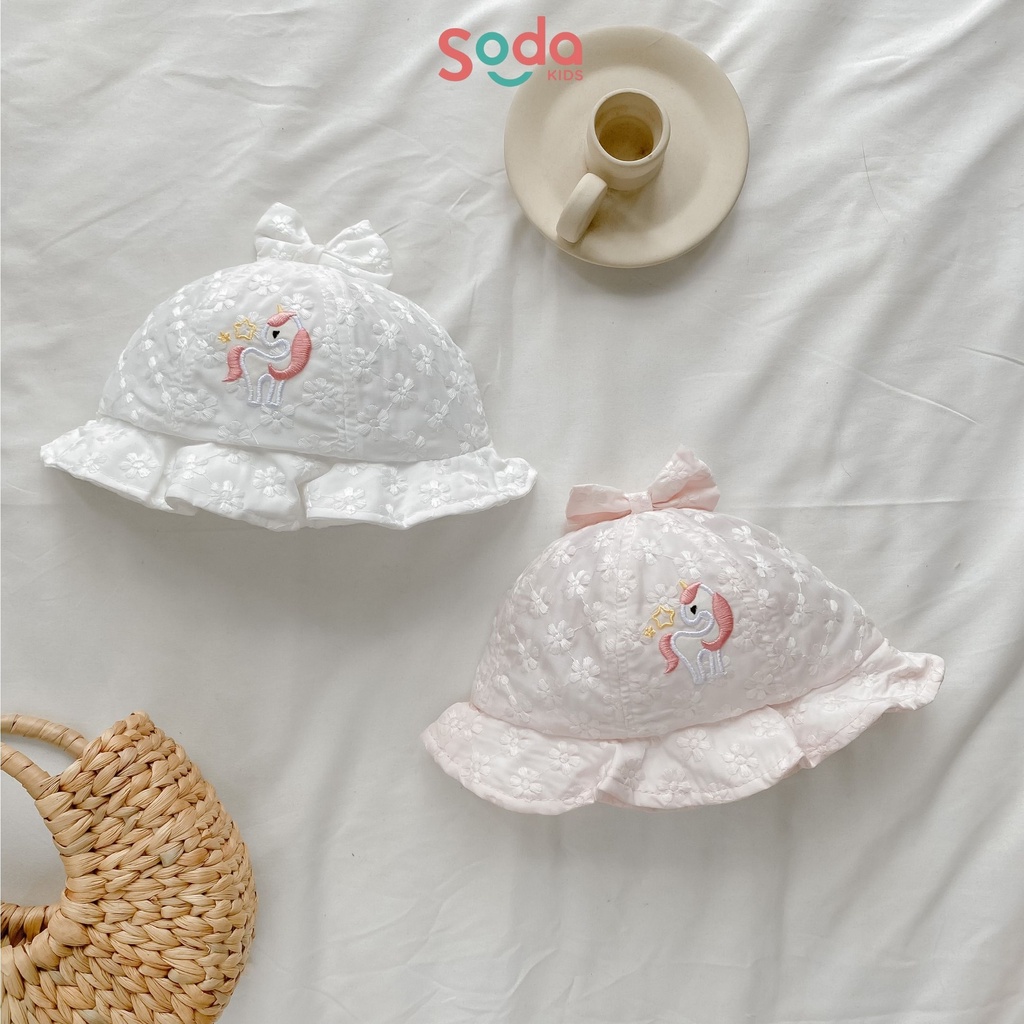 Mũ vành vải ren thêu ngựa đính nơ dễ thương dành cho bé gái (Ảnh thật)