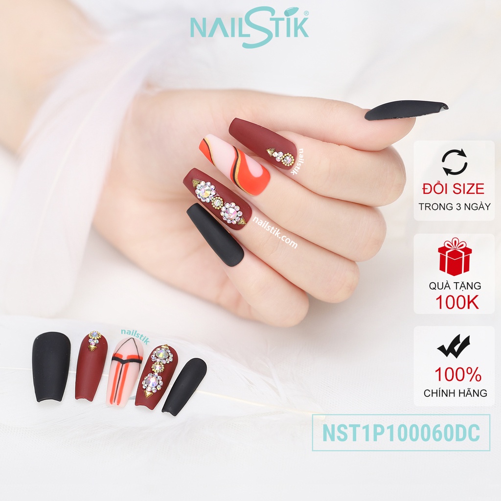 Móng úp thiết kế by NAILSTIK, màu đen, cam, nâu, form móng coffin, dài 060