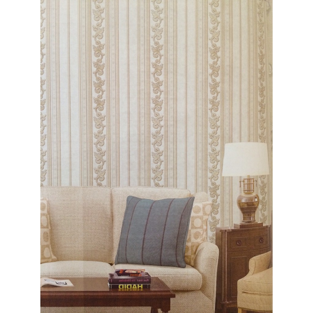 Giấy Dán Tường Hoa Văn Cổ Điển Dải Dọc Cho Phòng Khách Màu Xanh, Vàng, Lụa Không Keo, Khổ 53 cm