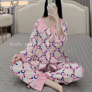 Bộ pijama tay dài chất liệu lụa mango cao cấp, bộ đồ ngủ nữ pyjama cổ nhọn sang trọng DD01