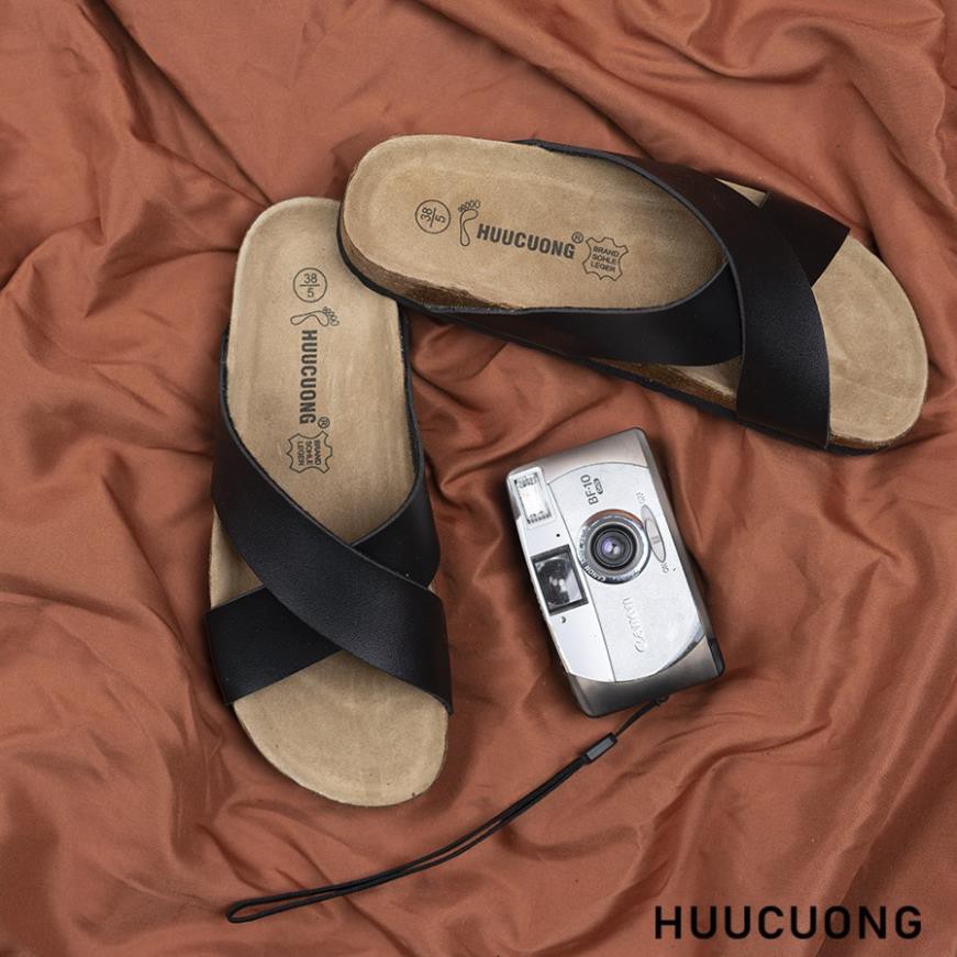 Dép unisex HuuCuong quai chéo đen đế trấu handmade