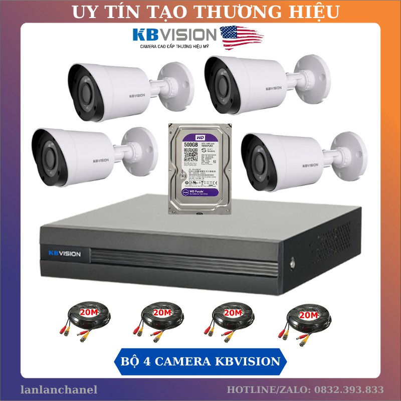 Trọn Bộ 4 Mắt Camera KBVision 2.0MP Full HD + Tặng Kèm Ổ Cứng 500GB và Dây HDMI 1.5m