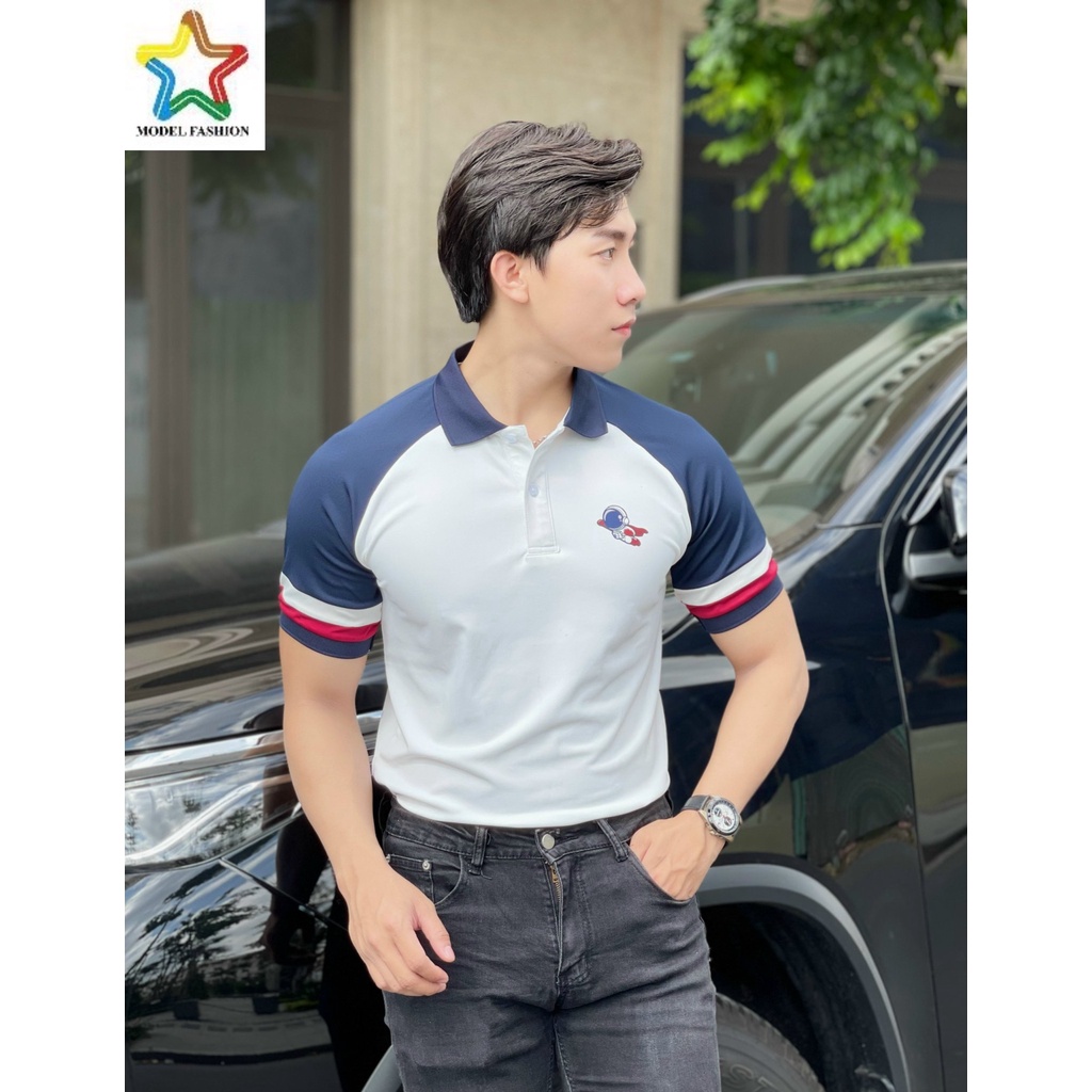 Áo thun polo nam nữ tay ngắn trắng phối xanh đen 2 sọc tay Hàn Quốc Model Fashion