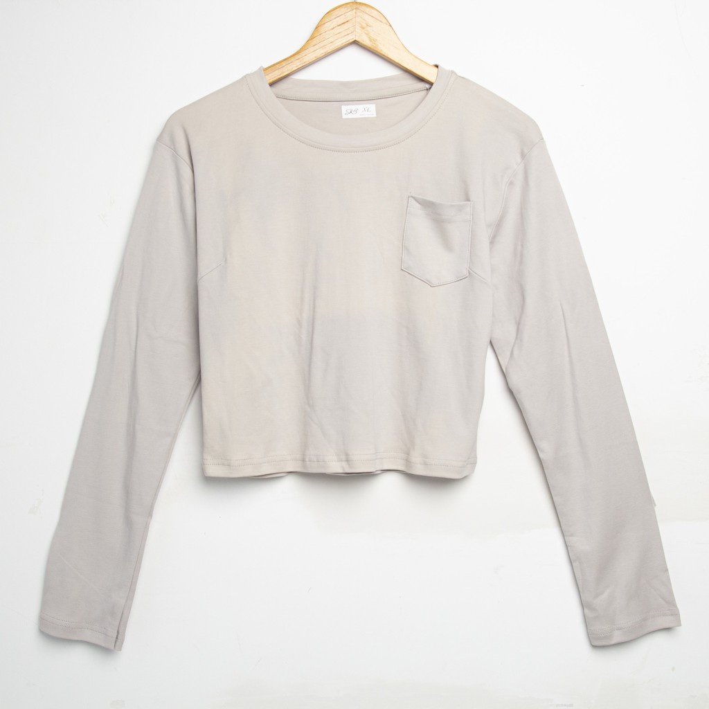 Áo thun tay dài nữ Simple & Basic cotton mềm mịn, dáng croptop, màu xám nhạt