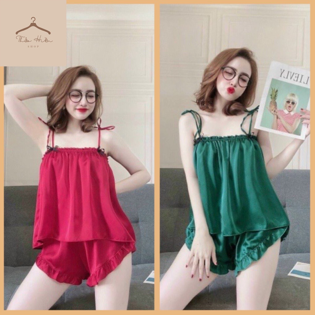 Bộ đồ ngủ mặc nhà lụa trơn 2 dây áo thắt nơ