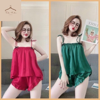 Bộ đồ ngủ mặc nhà lụa trơn 2 dây áo thắt nơ
