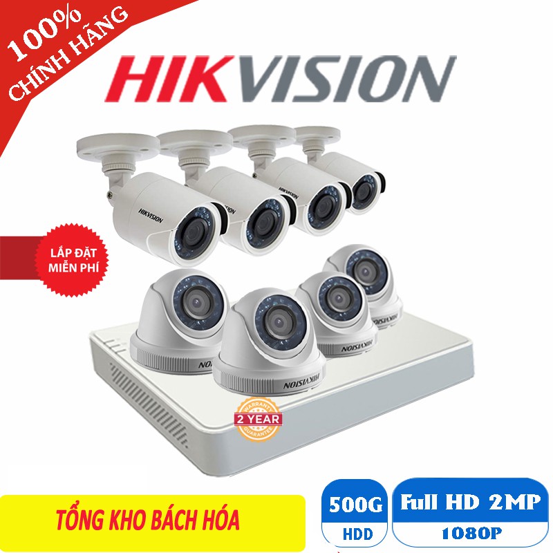 Trọn bộ 5 - 8 mắt camera Hikvision 2.0MP Tặng kèm ổ cứng 500GB cùng đầy đủ phụ kiện lắp đặt Hàng chính hãng