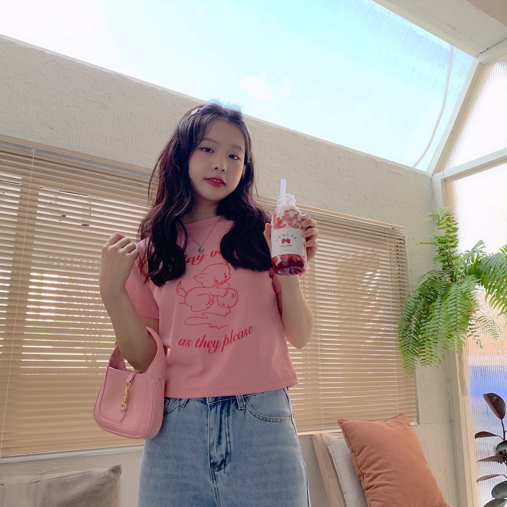 Áo Thun Croptop Tay Ngắn In Họa Tiết Phong Cách Hàn Quốc Dễ Phối Đồ Thời Trang Cho Nữ
