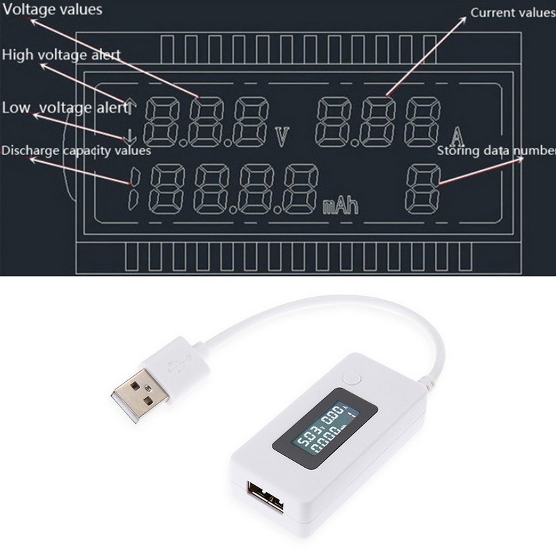 LCD Mini USB Tester Voltage Current Meter Mobile Power Charger Capacity Detector Monitor Voltmeter with Load(White)