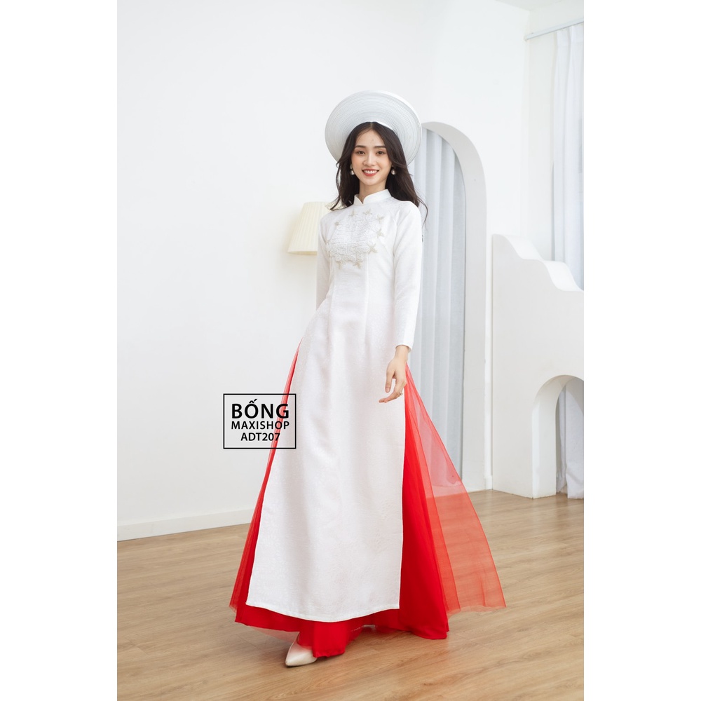 Áo dài cô dâu gấm me trắng kết cườm ADT207