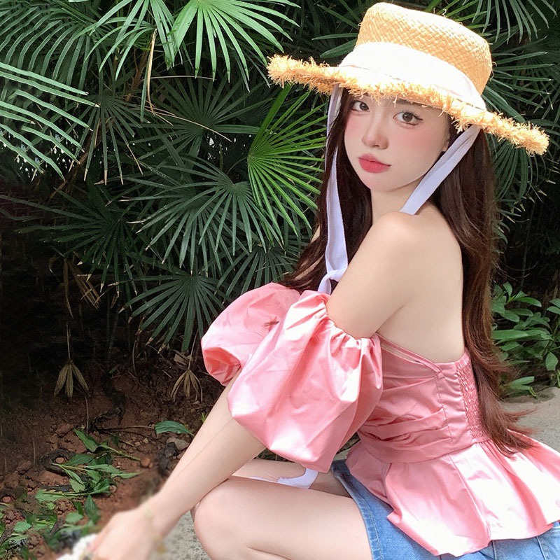 Áo Trễ Vai Tay Phồng Ngắn Dáng Ôm Màu Trơn Thời Trang Quyến Rũ Cho Nữ