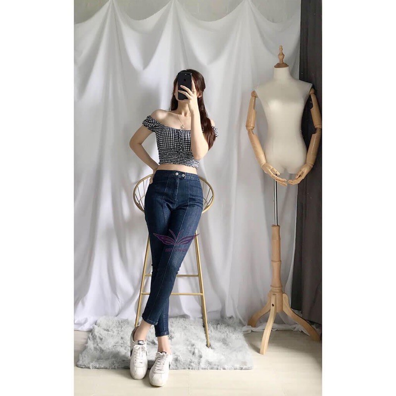 Quần skinny jean nữ cạp cao co giãn tốt 9 tấc/VNXK/kiểu sọc dọc 2 nút