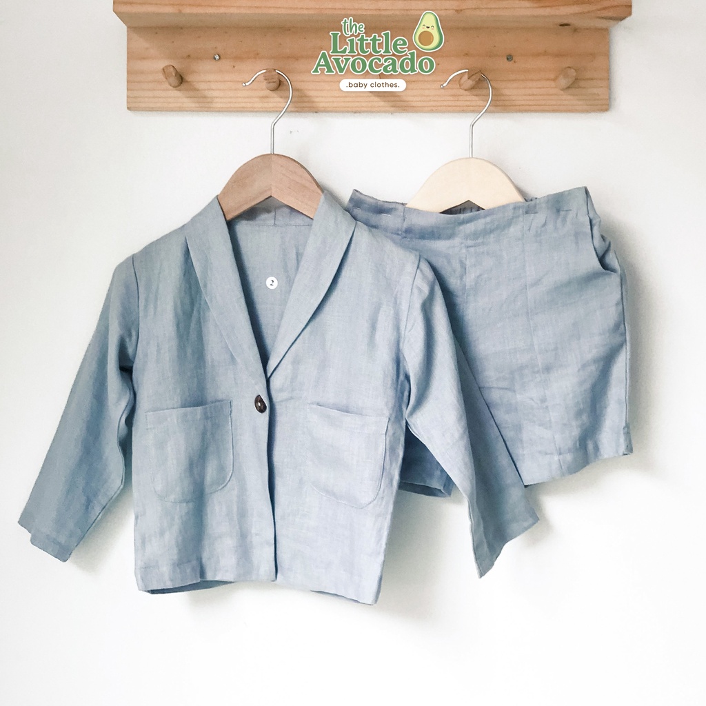 Set blazer & quần short xắn gấu chất liệu linen lưng phối chun cho bé trai THE LITTLE AVOCADO xanh nhạt/xám ghi/be nâu