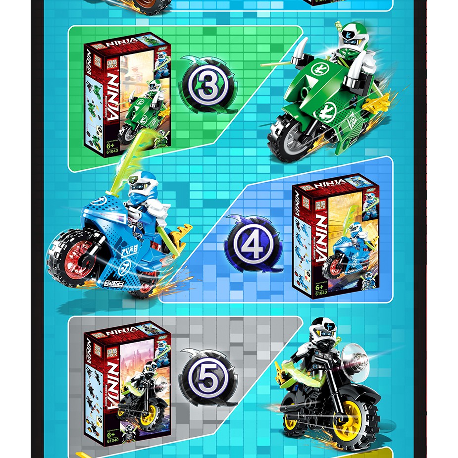 Đồ chơi lắp ráp xếp hình logo ninjago season phần 12 ninja lloyd kai jay cole nya wu và xe PRCK 61040 trọn bộ 8 hộp