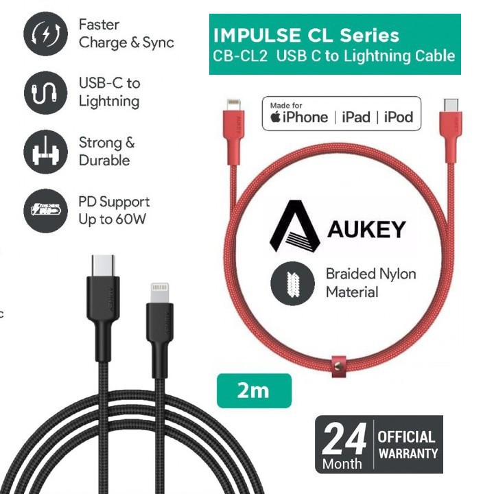 Aukey Dây Cáp Sạc Bện Nylon Chuyển Đổi Usb-c Sang Lightning Cb-cl1 1.2meter Or Cb-cl2 2m