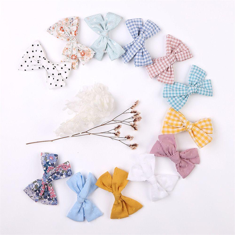Bộ 4 Kẹp Tóc Cotton Lanh In Họa Tiết Caro / Nơ Xinh Xắn Cho Bé Gái