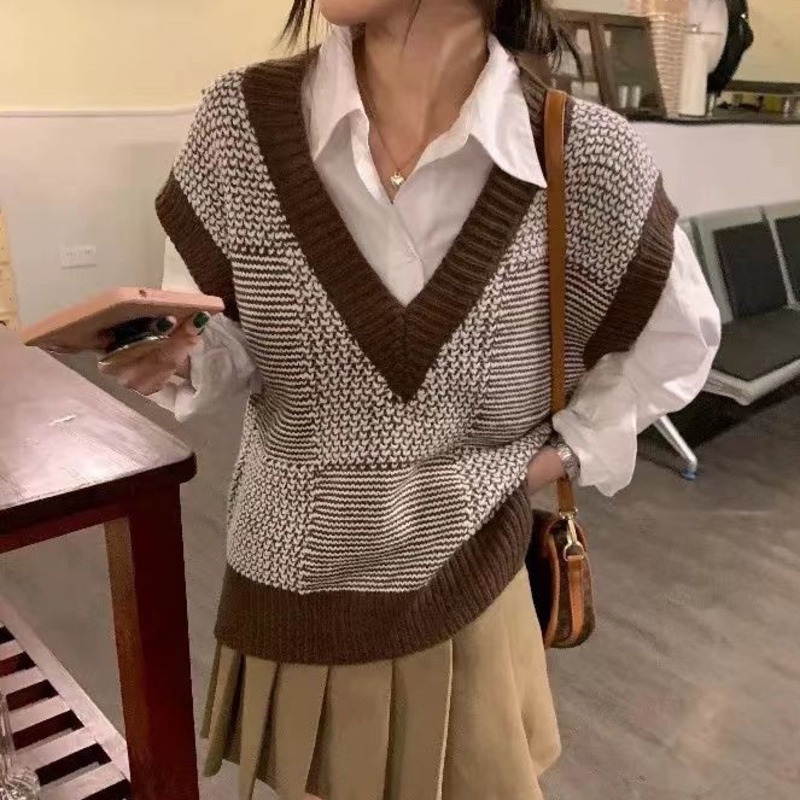 Áo Len Không Tay Cổ Chữ v Màu Sắc Đối Lập Phong Cách Hàn Quốc Cho Nữ