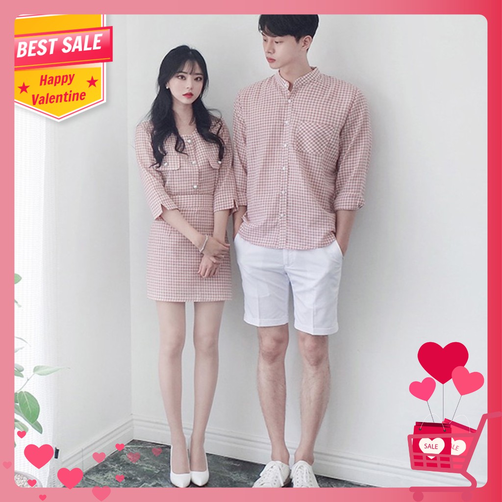 Áo cặp nam nữ ❤FREESHIP❤ Áo cặp váy sơ mi caro thời trang Hàn Quốc AV77