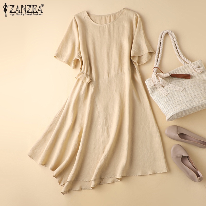 Zanzea Đầm Tay Ngắn Cổ Tròn Màu Trơn Thời Trang Dành Cho Nữ