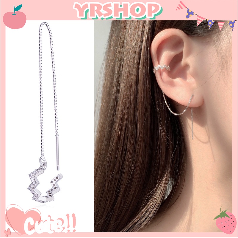 Chiếc khuyên tai kẹp vành mặt gợn sóng đính kim cương phối dây tua rua dài phong cách Boho thời trang Hàn Quốc cho nữ