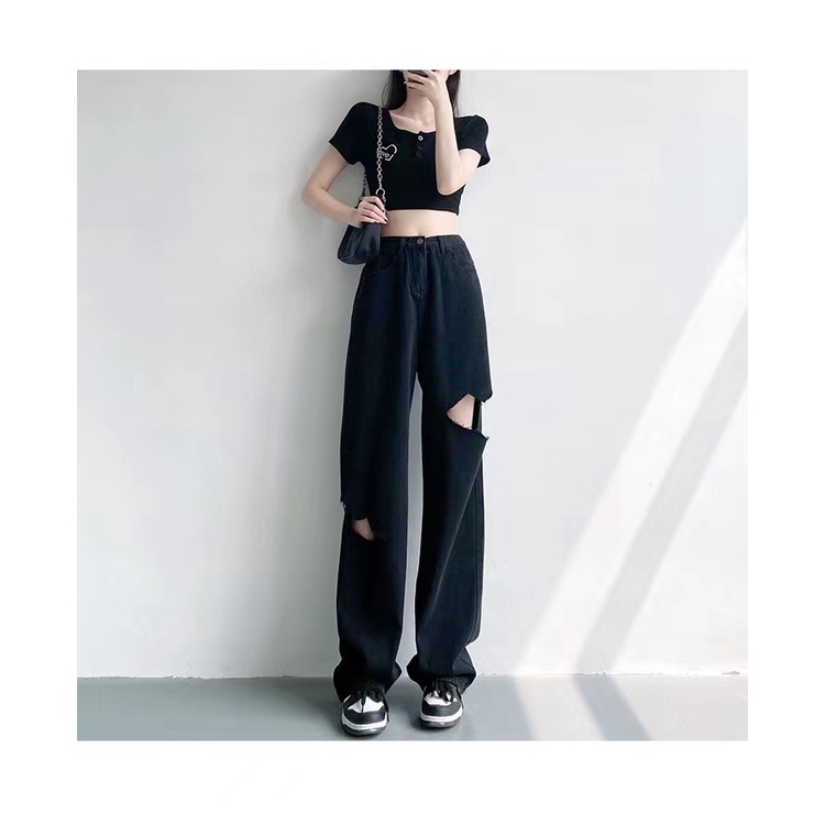 Quần Jean Nữ Cạp Cao Ống Rộng Rách Gối Phong Cách Mới