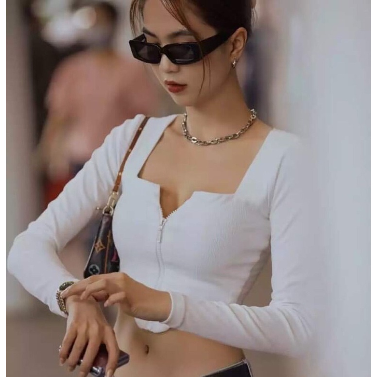Áo Crotop Kiểu Hot Trend Xu Hướng Mới Cổ Vuông Tay Dài Phối Dây Kéo Cá Tính (Ảnh thật)
