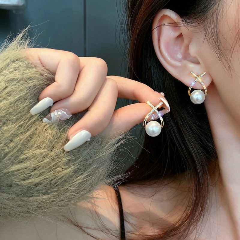 Bông tai nữ hạt cườm khuyên chéo CHT444