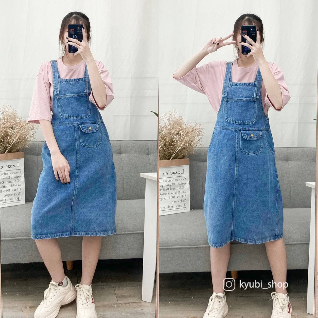 Yếm Váy Jean Dài Ulzzang 2 dây có túi trước [Có Set ]  - Set Váy Yếm Kyubi POMI VYJ01