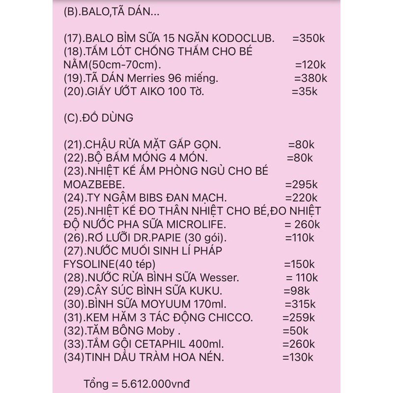COMBO BÉ GÁI CAO CẤP (Danh sách sản phẩm để trên hình ảnh)