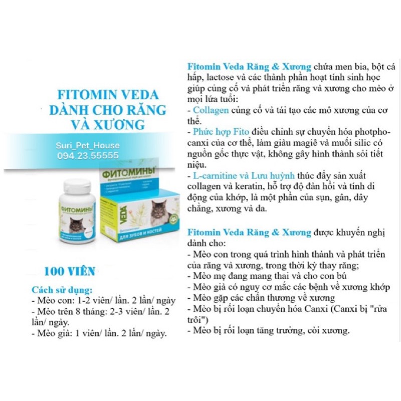 Vitamin hỗ trợ phát triển và chăm sóc răng và xương cho mèo VEDA Fitomin (100v)