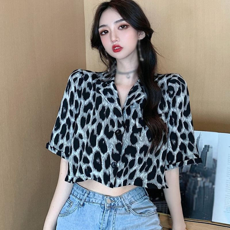 Áo Croptop Tay Ngắn Hoạ Tiết Da Báo Phong Cách Retro