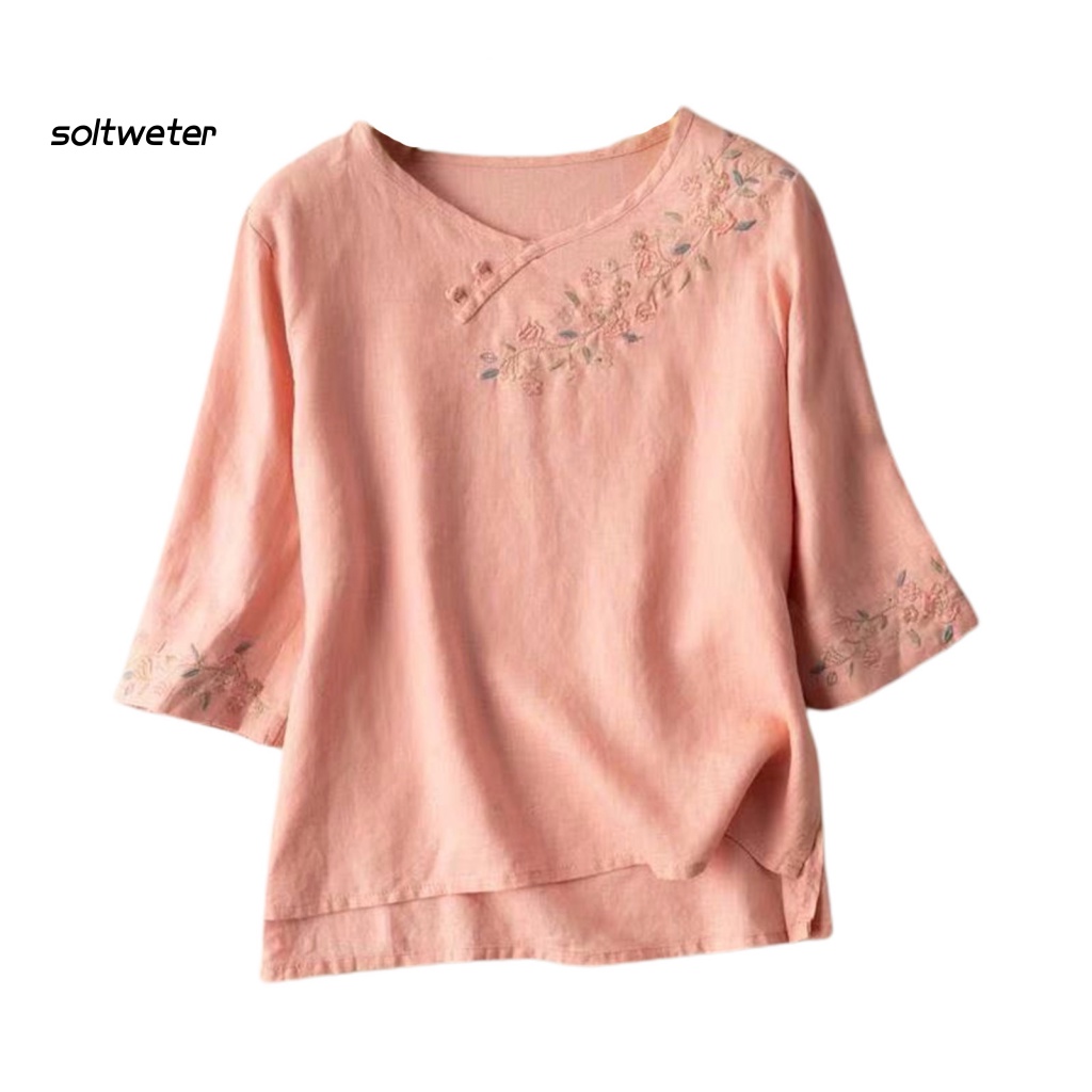 Áo Thun Cotton Lanh Tay 3 / 4 Xẻ Tà Thêu Họa Tiết Hoa Phong Cách Vintage Cho Nữ