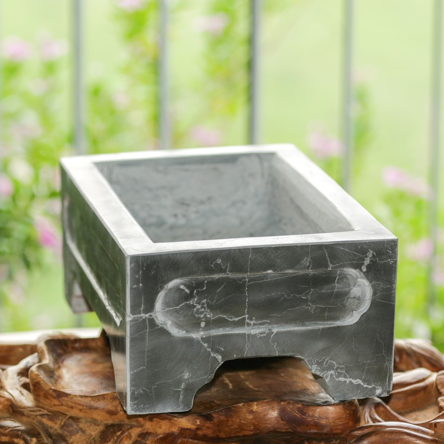 Chậu trồng bonsai mini đá xanh đen nguyên khối đục khuôn tranh bằng tay 4 mặt, KT: 30x20x12