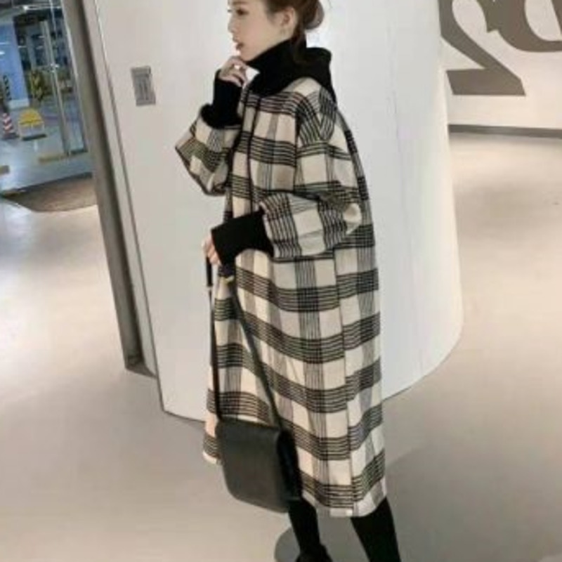 Đầm Hoodie Dài Tay Họa Tiết Ca Rô Phong Cách Hàn Quốc Dành Cho Nữ