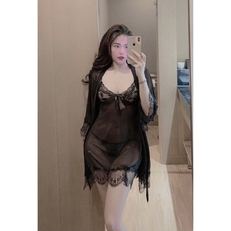 Váy Ngủ Kèm Choàng Voan Mỏng Xuyên Thấu Không Đệm Ngực Siêu Sexy Lacy Bra - V23