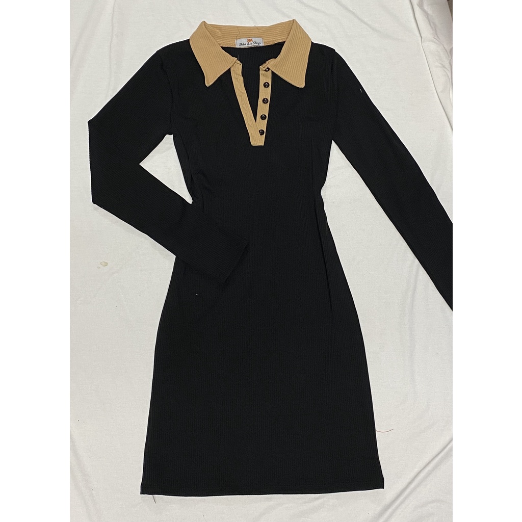 Đầm ôm body kiểu cổ bẻ tay dài chất vải thun gân len 4 chiều FreeSize dưới 52kg | BigBuy360 - bigbuy360.vn