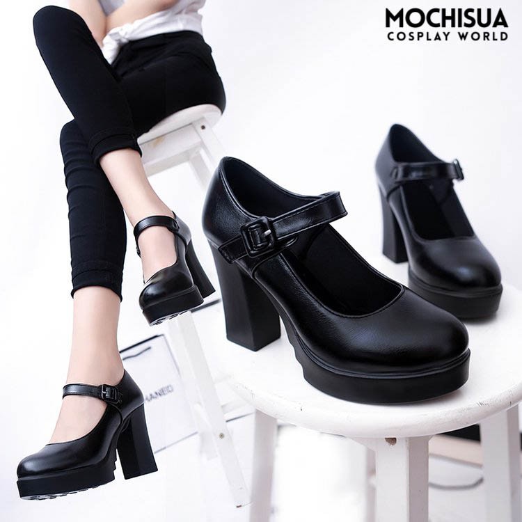Giày Mary Janes Cao Gót Đen Bít Mũi Lolita - CG001