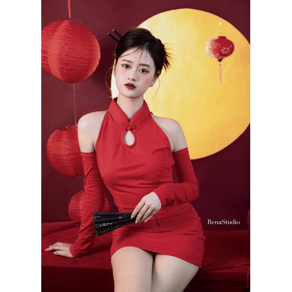 Váy sườn xám tay rời chụp hình Tết trung thu sẵn