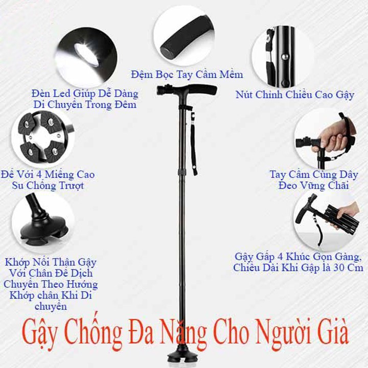 Gậy gấp gọn TRUSTY CANE chống trượt có đèn pin cho người cao tuổi