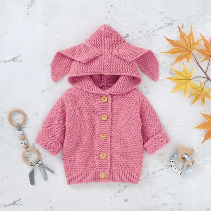 Áo Hoodie Dệt Kim Màu Trơn Trang Trí Tai Thỏ Đáng Yêu Cho Bé