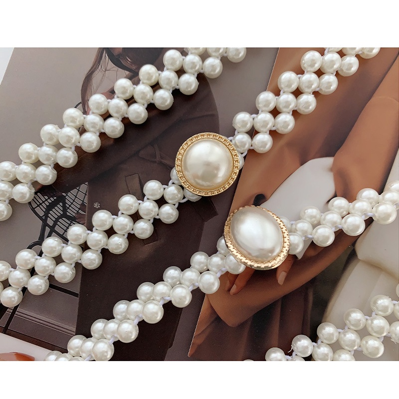 Thắt lưng nữ kết hạt trai bản 2cm co giãn, phong cách Vintage - 5 mặt khóa