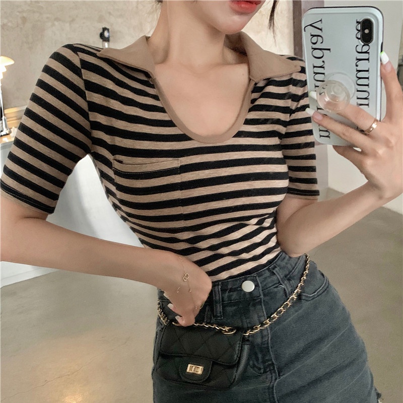 Áo Thun Tay Ngắn Cổ Chữ u Họa Tiết Kẻ Sọc Thời Trang Cho Nữ