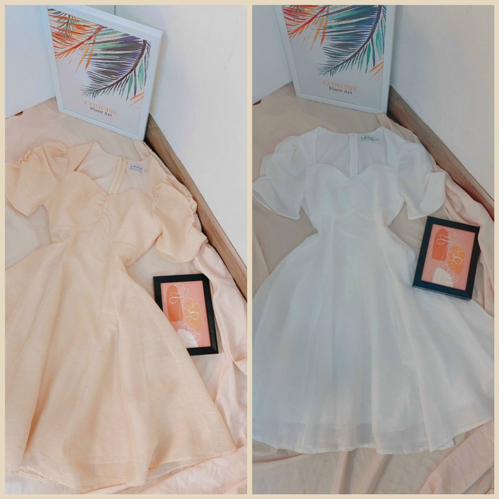 Đầm trắng, nu dạo phố - cổ khoét kiểu  - tay nhún | BigBuy360 - bigbuy360.vn