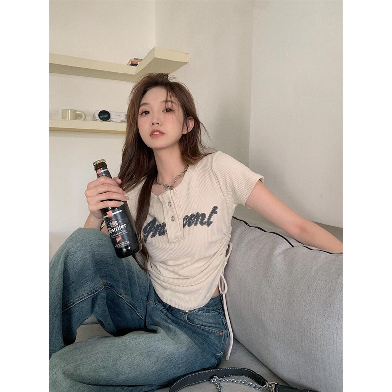 NUZIRO  Áo Thun Croptop Ngắn Tay Cổ Tròn Thời Trang Hàn Quốc Cho Nữ
