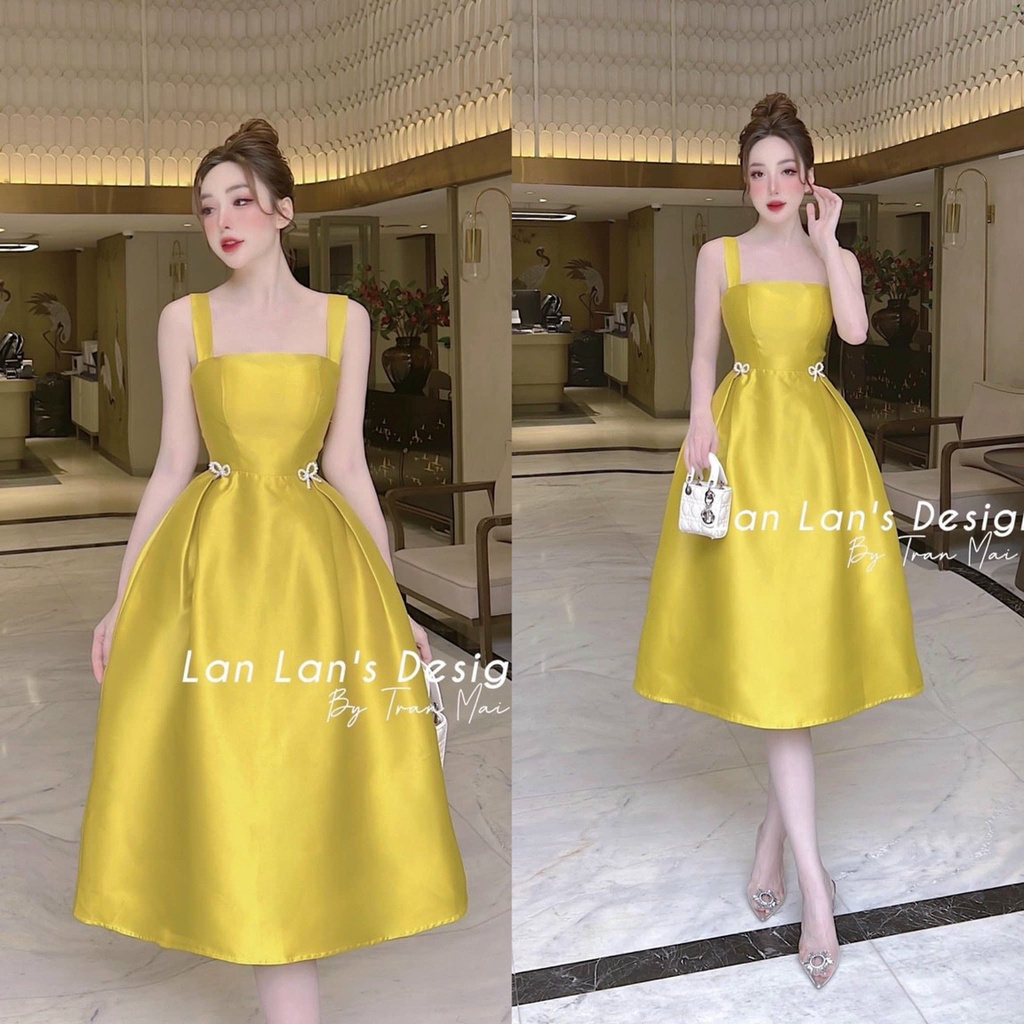 Đầm dự tiệc hai dây dáng xòe sang chảnh cho nữ đính nơ eo cực dễ thương đầm váy nữ